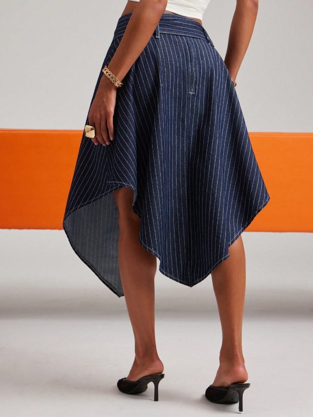Dark Wash Casual Women's Loose Midi A-Line Zipper Belted Striped Denim Skirt - Picture 7 of 7